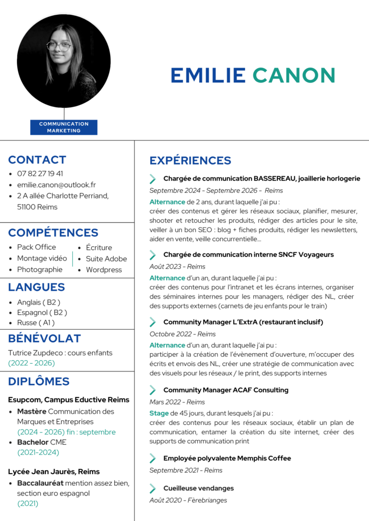 CV d'Emilie Canon, étudiante en communication et marketing digital
